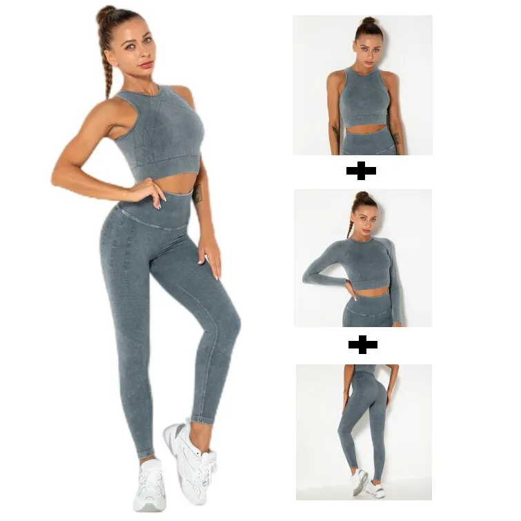 1/2/3 Pieces Gym Set Women Fitness Bra Active Wear Long Sleeve Crop Top Sports Leggings Yoga Sets Womens Outfits Workout Clothes