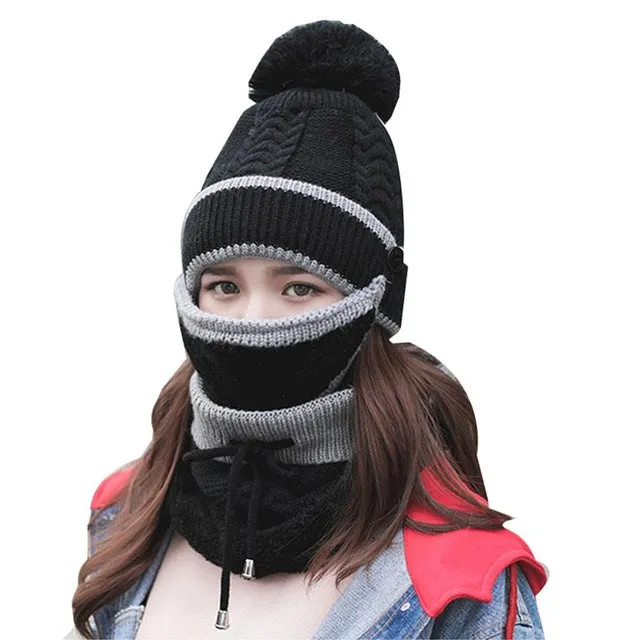 2017 Women Hat Scarf Winter Sets Cap Mask Collar Face Protection Girls Cold Weather Accessory Women Ball Caps Scarf Knitted Wool