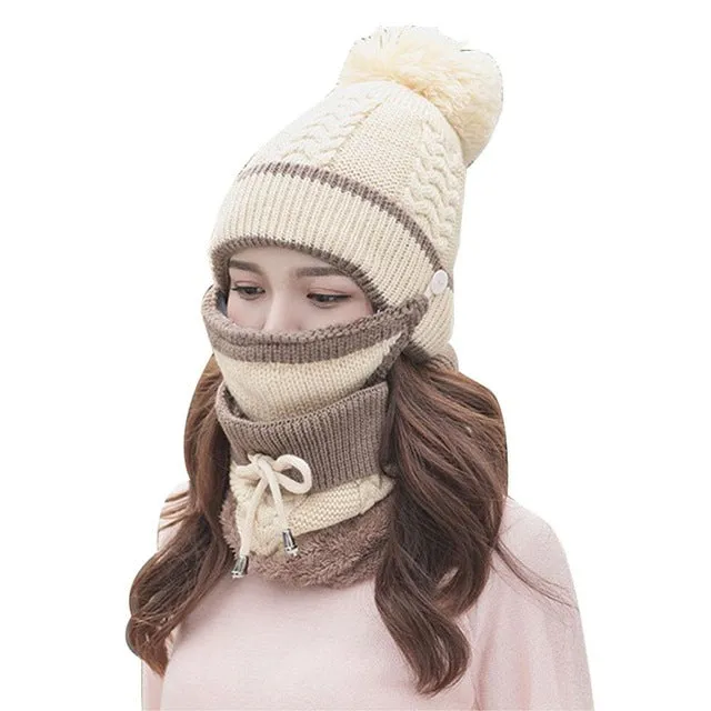 2017 Women Hat Scarf Winter Sets Cap Mask Collar Face Protection Girls Cold Weather Accessory Women Ball Caps Scarf Knitted Wool