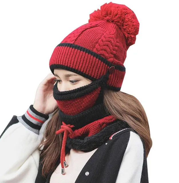 2017 Women Hat Scarf Winter Sets Cap Mask Collar Face Protection Girls Cold Weather Accessory Women Ball Caps Scarf Knitted Wool