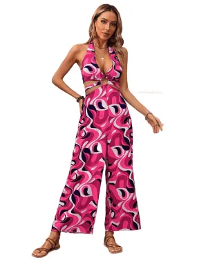 Abstract Print Halter Neck Cutout Wide Leg Jumpsuit