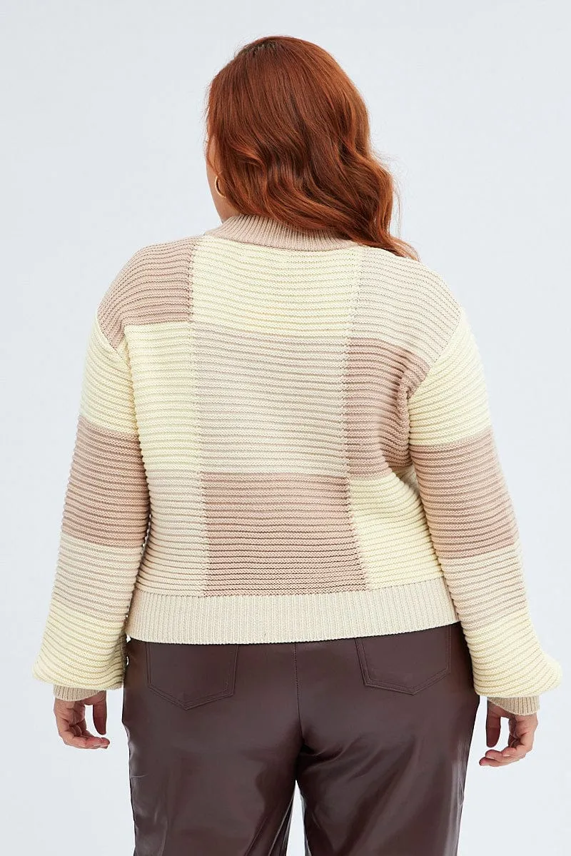 Beige Knit Top Round Neck Long Sleeve Patchwork