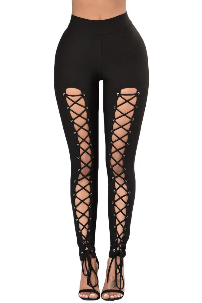 Black Grommet Lace Up Front High Waist Leggings