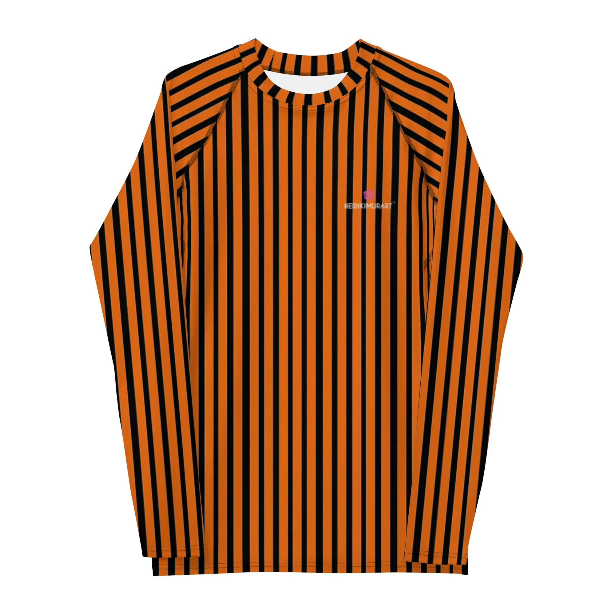 Black Orange Striped Men's Top, Vertical Striped Designer Men's Rash Guards For Water Sports - Made in USA/EU/MX