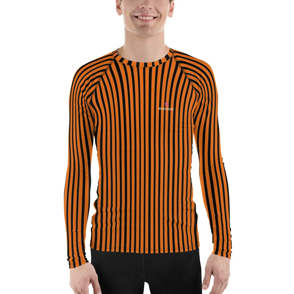 Black Orange Striped Men's Top, Vertical Striped Designer Men's Rash Guards For Water Sports - Made in USA/EU/MX