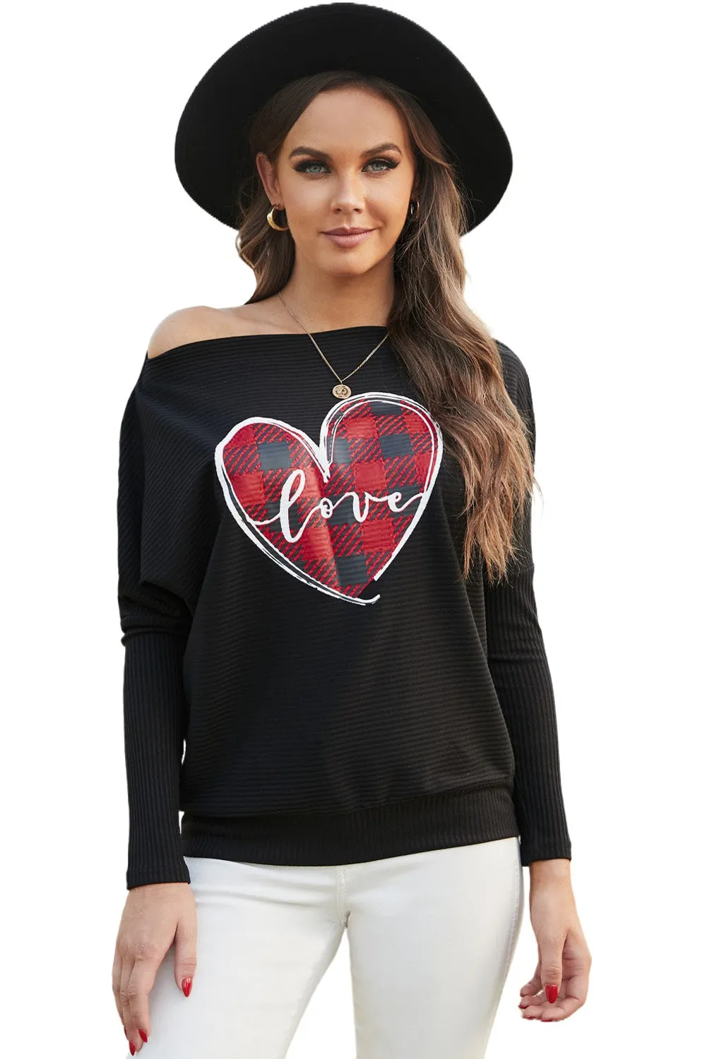 Black Valentine Graphic Tees Love Heart Plaid Bat Sleeve Top for Women