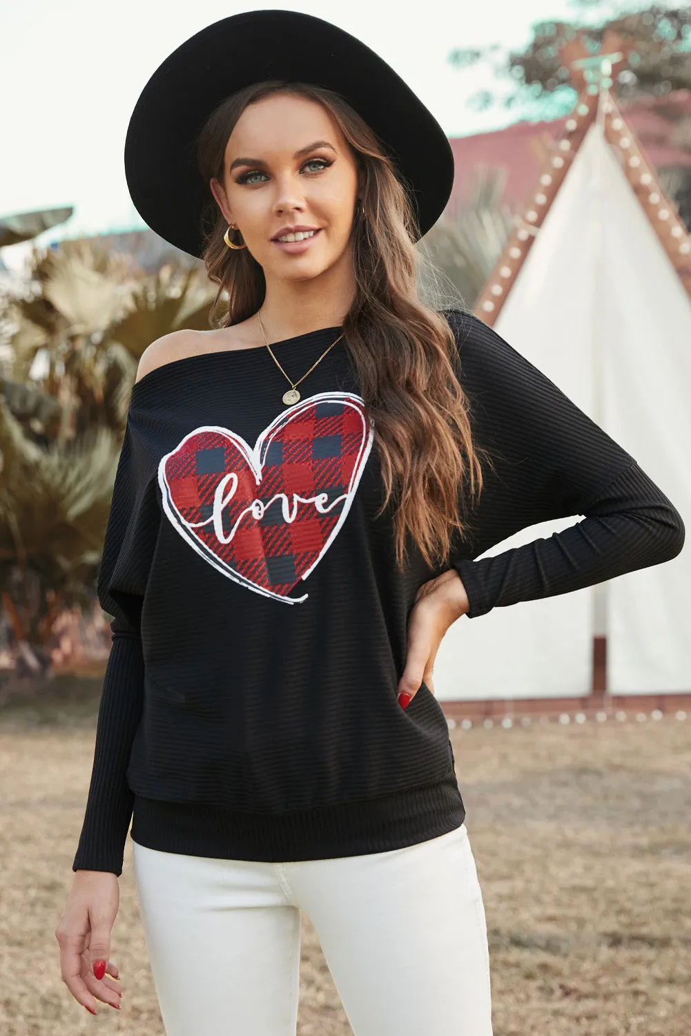 Black Valentine Graphic Tees Love Heart Plaid Bat Sleeve Top for Women