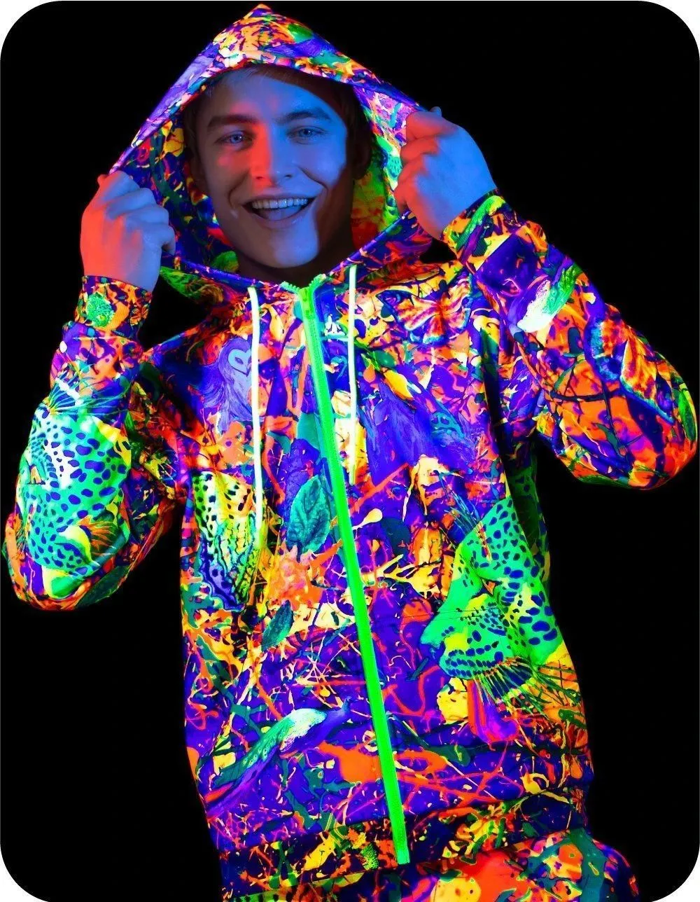 Blacklight Reactive Zip Hoodie Neon Splash Flamingo