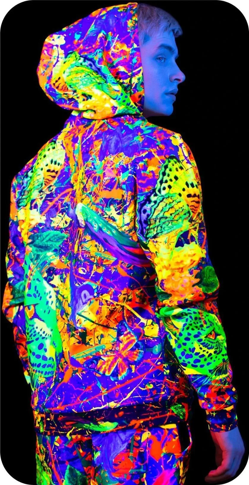 Blacklight Reactive Zip Hoodie Neon Splash Flamingo