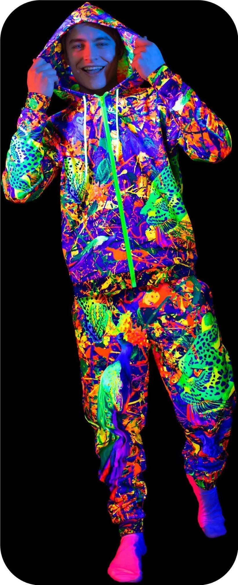 Blacklight Reactive Zip Hoodie Neon Splash Flamingo