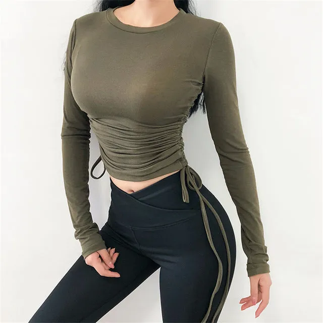 Drawstring Sport Top For Women Gym Skinny Quick Dry Athletic Fitness Clothing Long Sleeve Sports T-Shirts Army Green Yoga Shirts