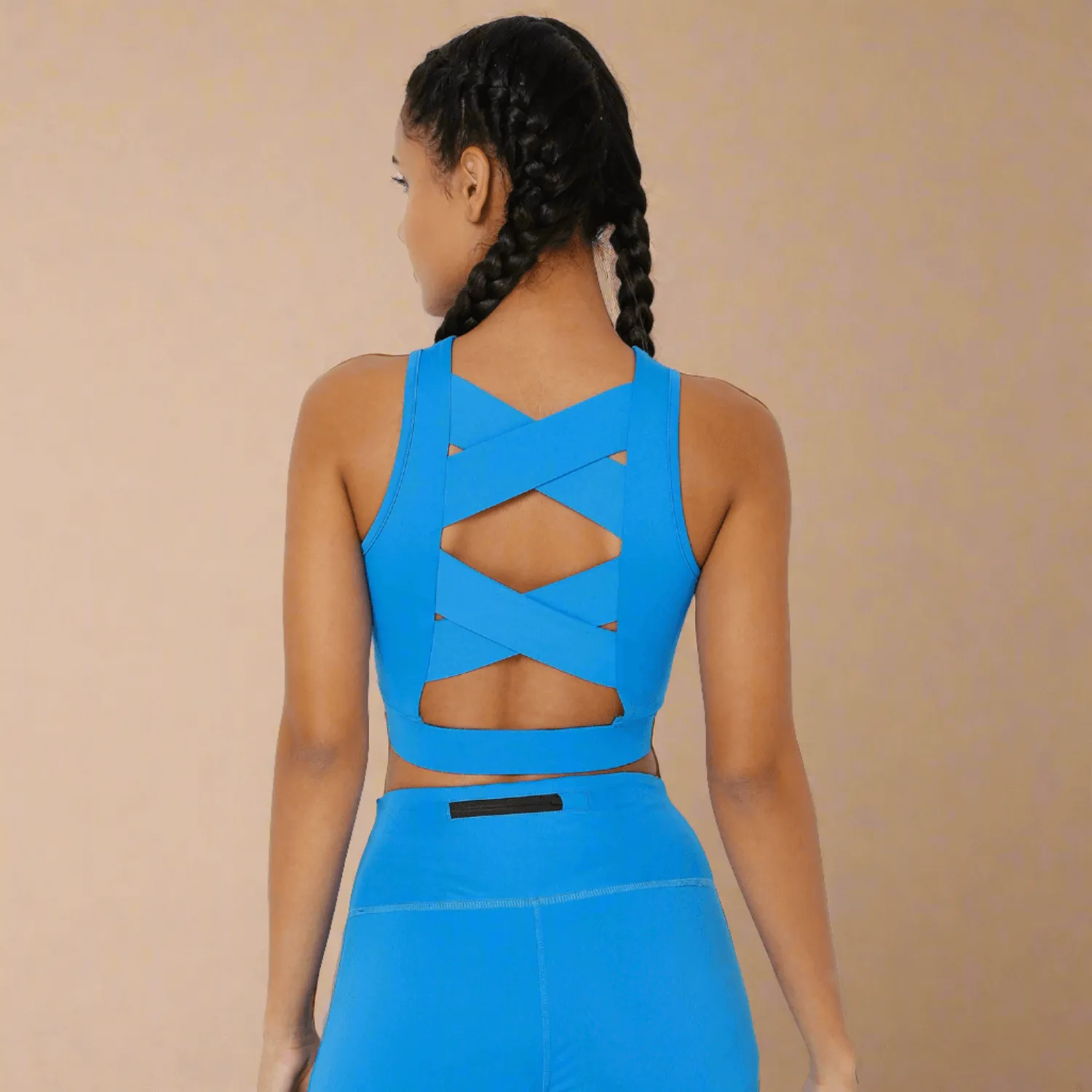 Electric Blue Cross back Crop Top & 7/8 Leggings