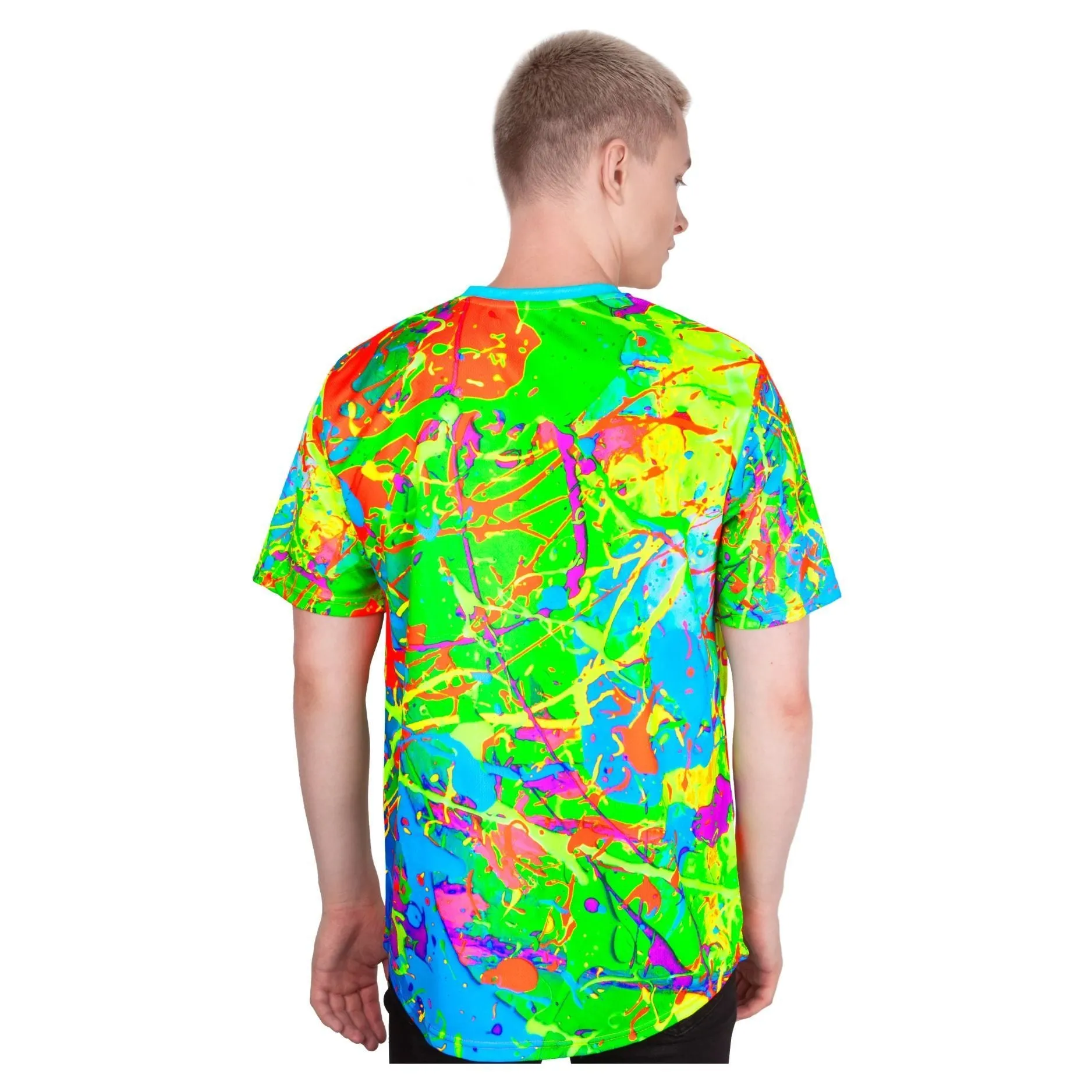 Fluorescent Print Tee Shirt Glow in UV Fluorescent Blue Lagoon