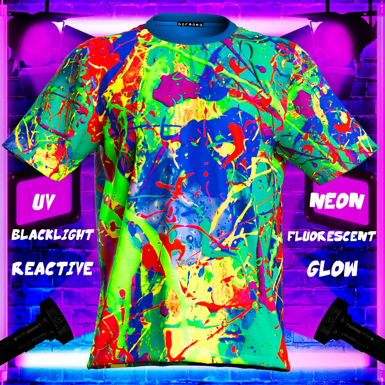 Fluorescent Print Tee Shirt Glow in UV Fluorescent Blue Lagoon