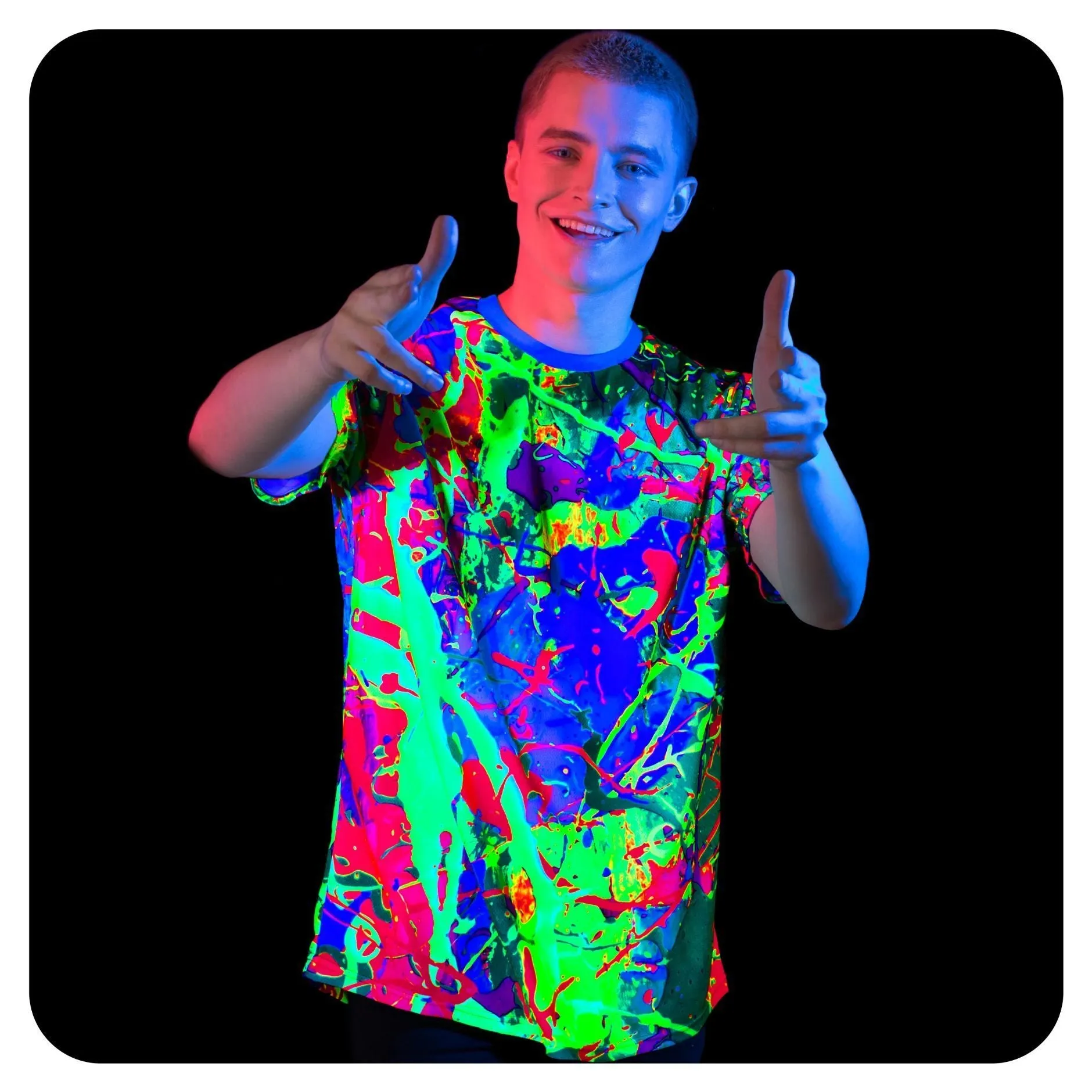 Fluorescent Print Tee Shirt Glow in UV Fluorescent Blue Lagoon