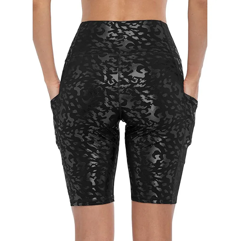 High Waist Leopard Side Pockets Shine Running Shorts