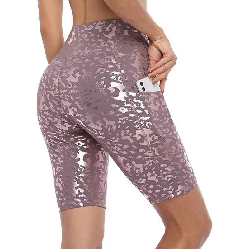 High Waist Leopard Side Pockets Shine Running Shorts