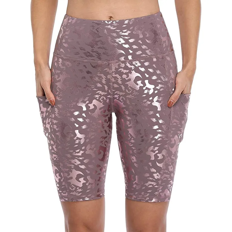 High Waist Leopard Side Pockets Shine Running Shorts