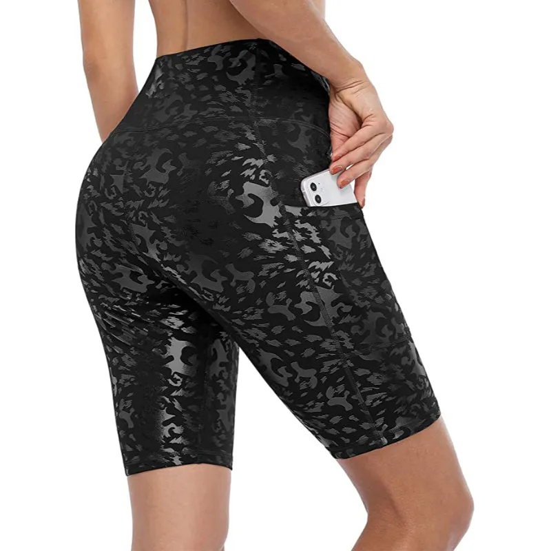 High Waist Leopard Side Pockets Shine Running Shorts