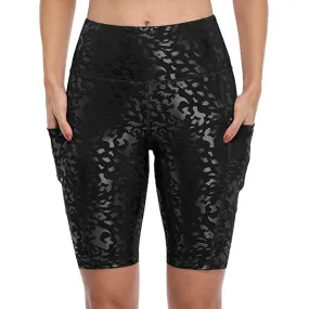 High Waist Leopard Side Pockets Shine Running Shorts