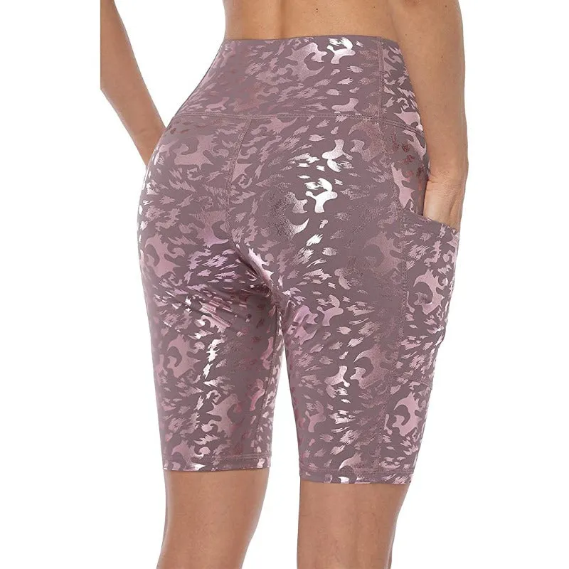 High Waist Leopard Side Pockets Shine Running Shorts