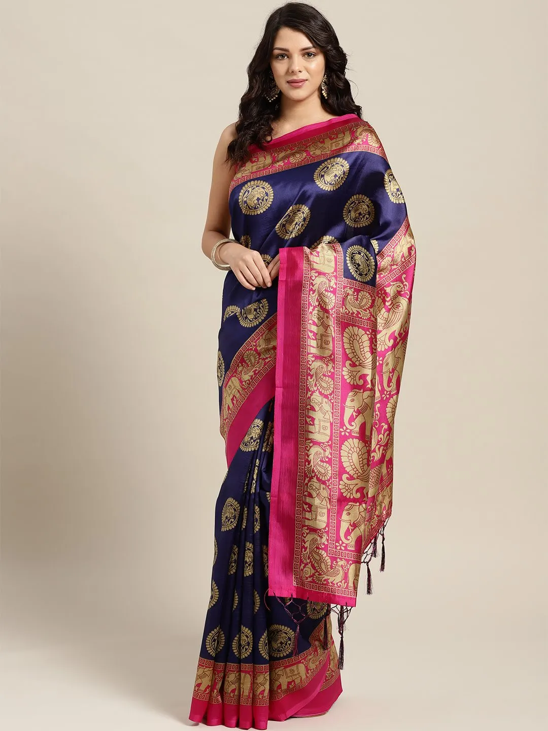 Ishin Art Silk Navy Blue & Pink Animal Print Ethnic Motifs Printed Women's Saree Including Blouse Piece