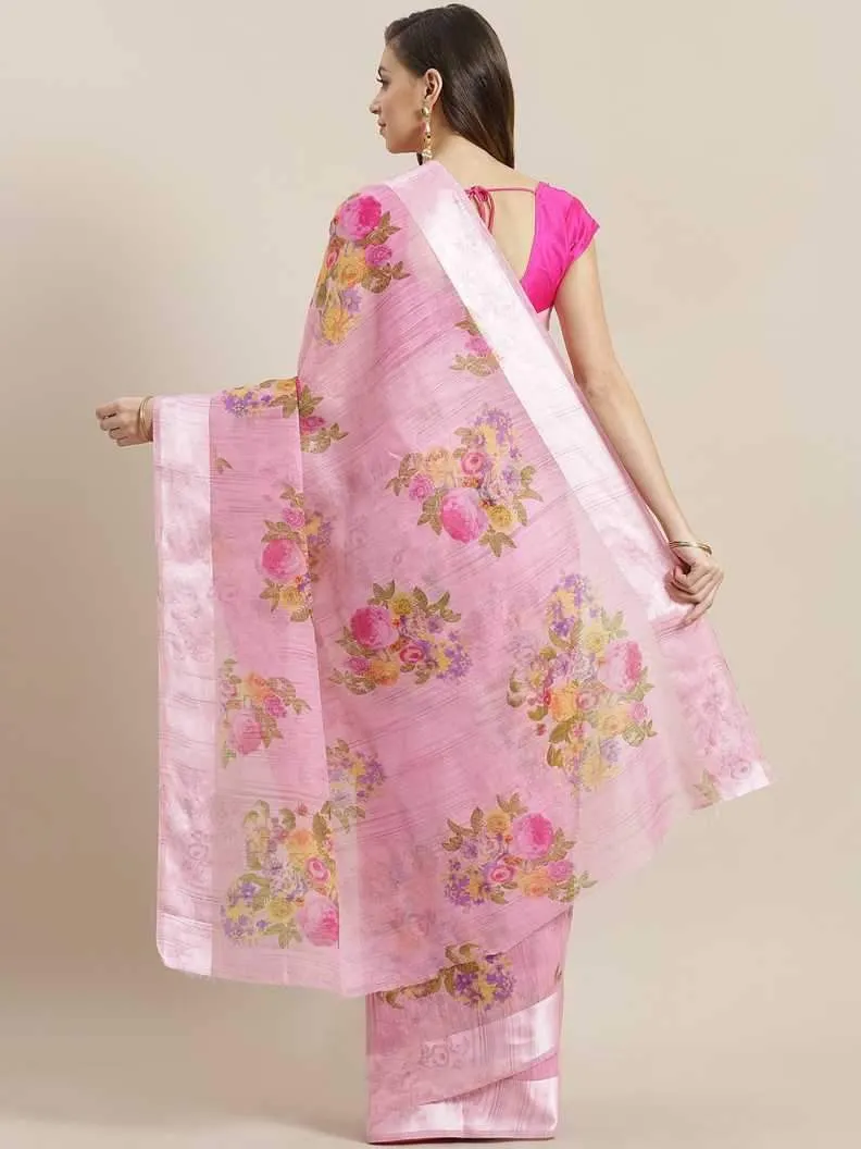 Ishin Poly Cotton Pink Printed Women's Saree