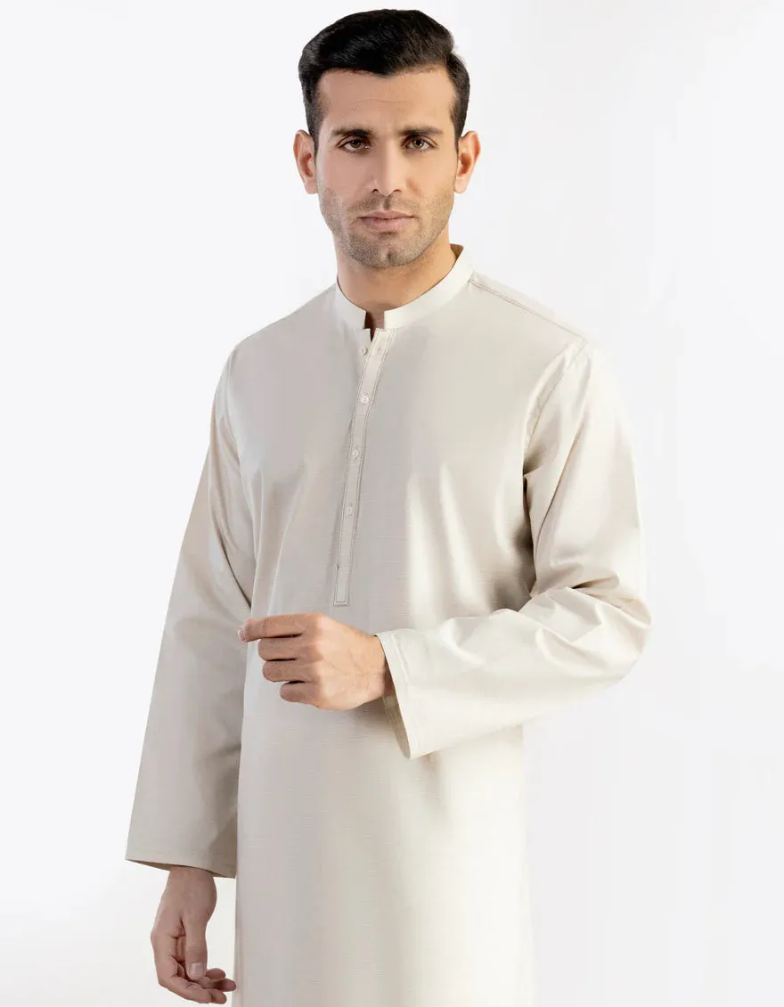 J. Mens Cream Cotton Casual Plain 2-Piece Kurta   Trouser