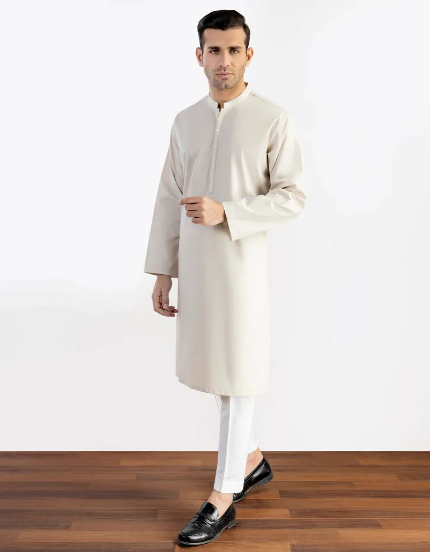 J. Mens Cream Cotton Casual Plain 2-Piece Kurta   Trouser