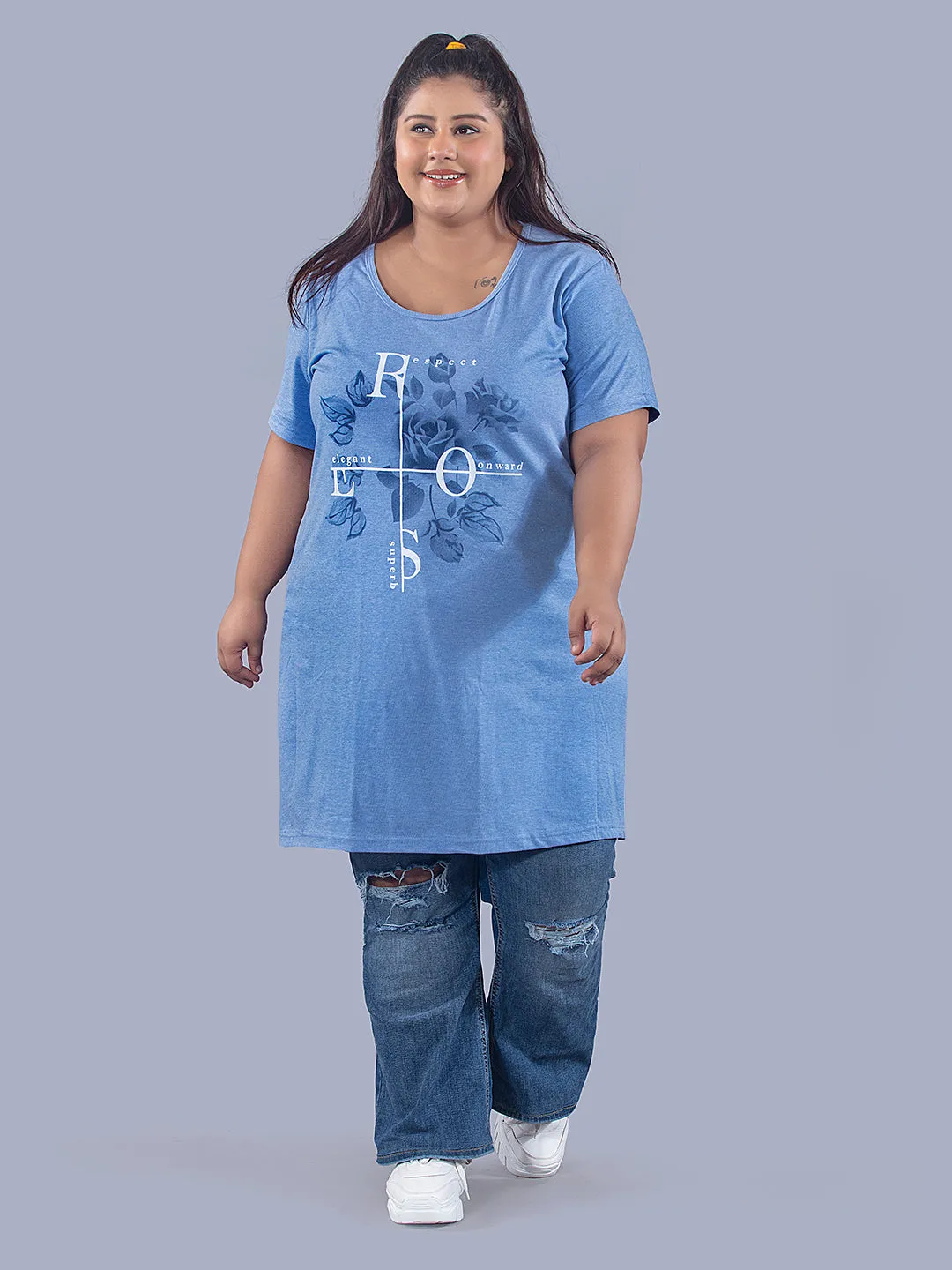 Long Line T-Shirt For Women -Half Sleeves- Sky Blue