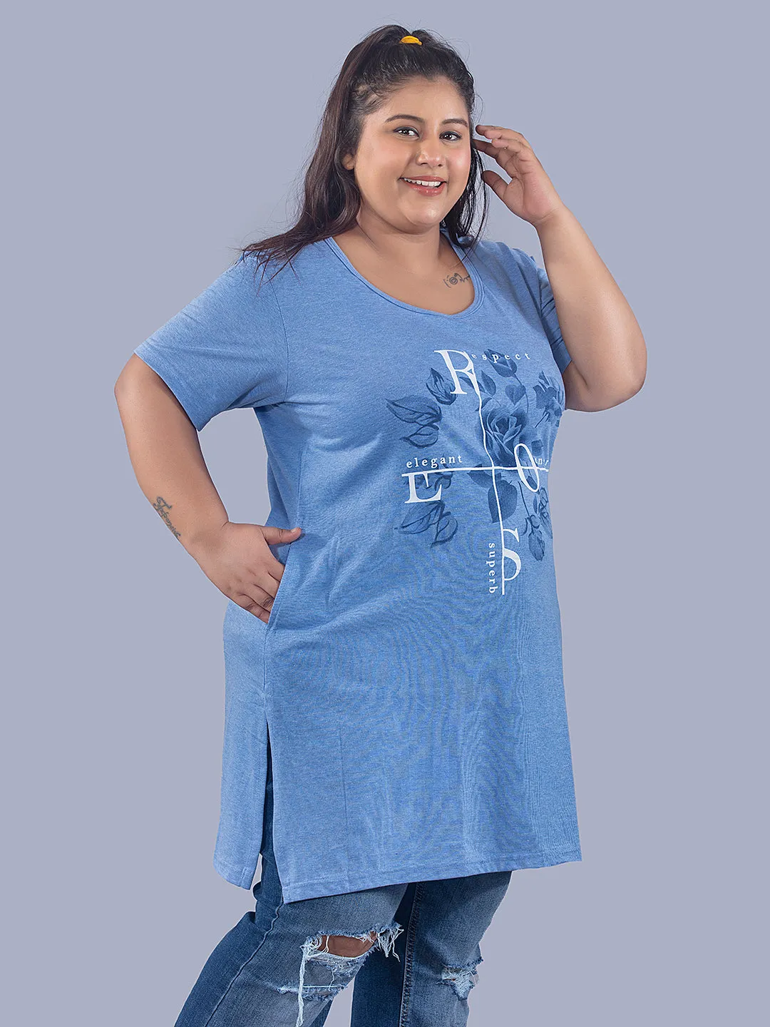 Long Line T-Shirt For Women -Half Sleeves- Sky Blue