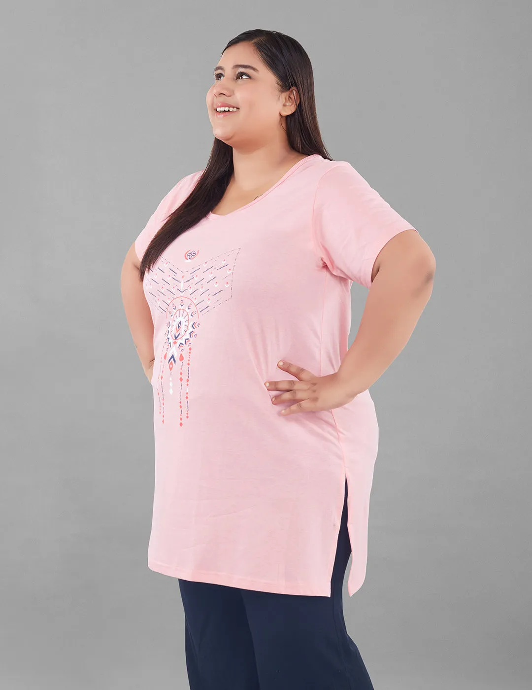 Plus Size Long T-shirt For Women - Half Sleeves - Peach