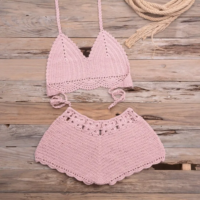 Sports Outdoor Beach Vacation Hand Crocheting Woven Lace Hollow Out Cutout Split Bikini Swimsuit