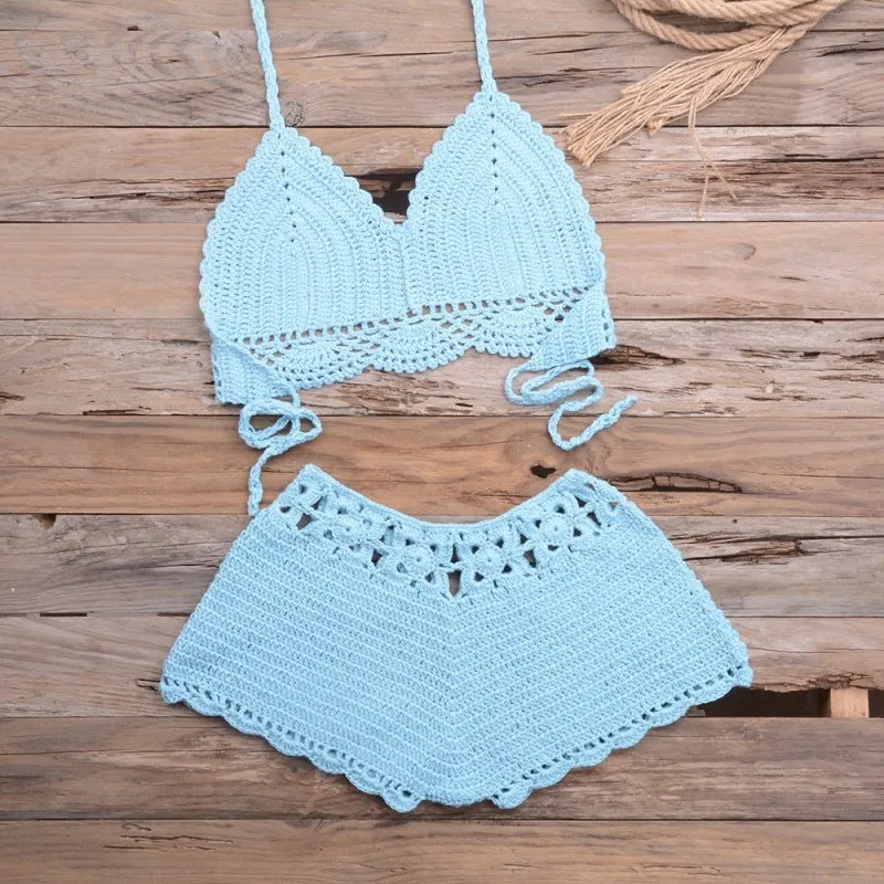 Sports Outdoor Beach Vacation Hand Crocheting Woven Lace Hollow Out Cutout Split Bikini Swimsuit