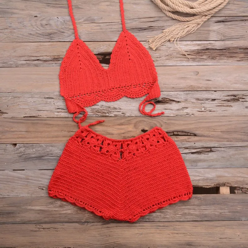 Sports Outdoor Beach Vacation Hand Crocheting Woven Lace Hollow Out Cutout Split Bikini Swimsuit