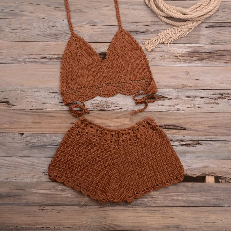 Sports Outdoor Beach Vacation Hand Crocheting Woven Lace Hollow Out Cutout Split Bikini Swimsuit