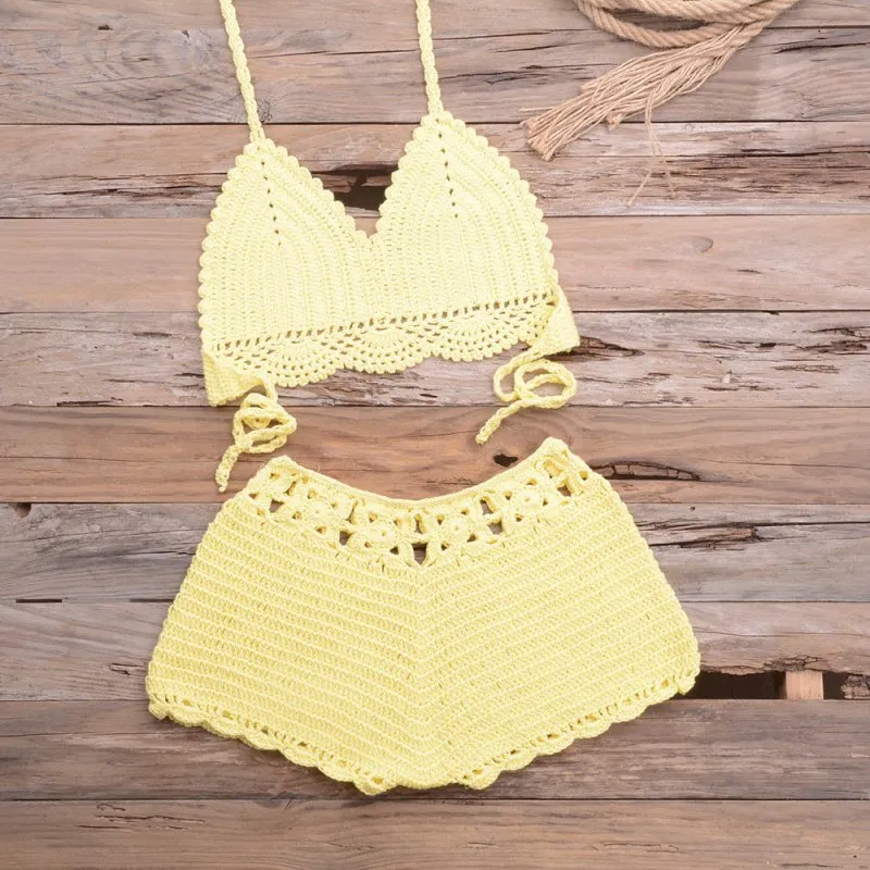 Sports Outdoor Beach Vacation Hand Crocheting Woven Lace Hollow Out Cutout Split Bikini Swimsuit