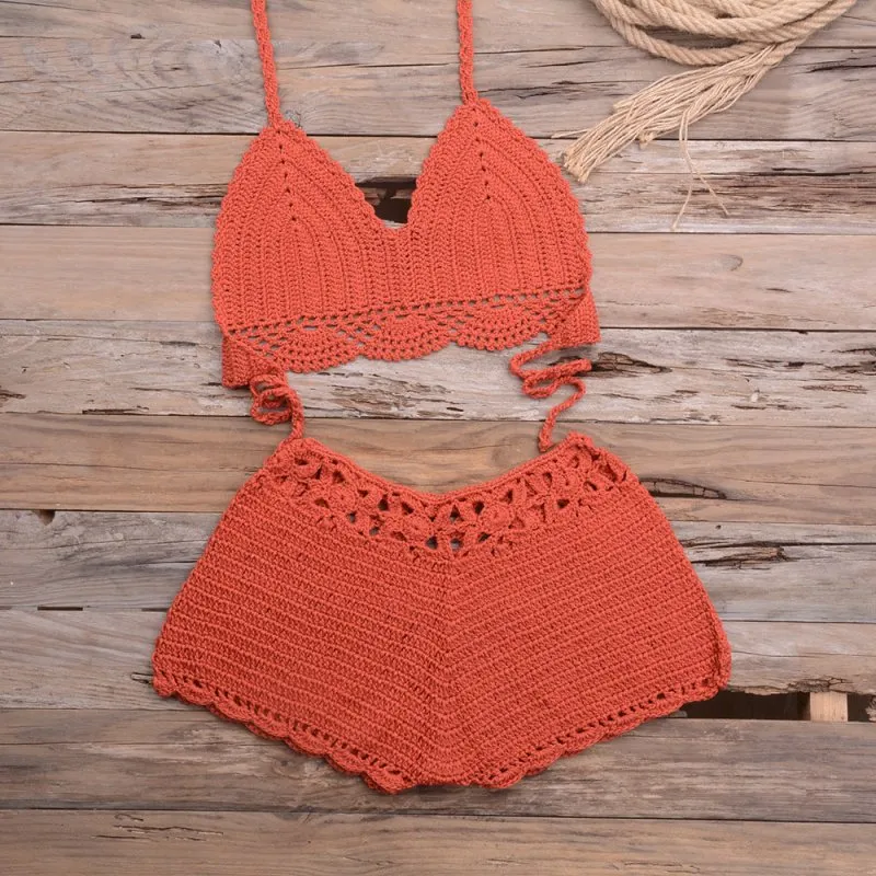 Sports Outdoor Beach Vacation Hand Crocheting Woven Lace Hollow Out Cutout Split Bikini Swimsuit