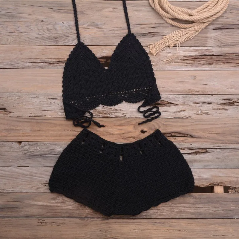 Sports Outdoor Beach Vacation Hand Crocheting Woven Lace Hollow Out Cutout Split Bikini Swimsuit