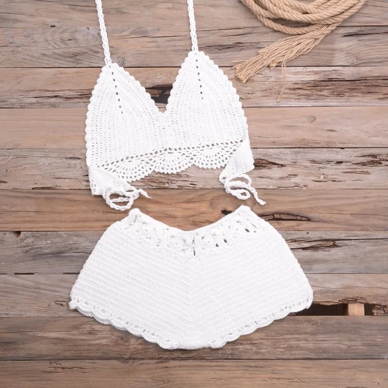 Sports Outdoor Beach Vacation Hand Crocheting Woven Lace Hollow Out Cutout Split Bikini Swimsuit