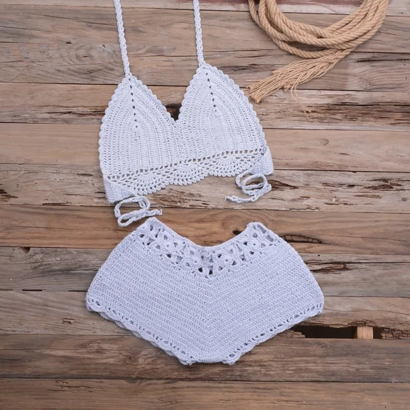 Sports Outdoor Beach Vacation Hand Crocheting Woven Lace Hollow Out Cutout Split Bikini Swimsuit