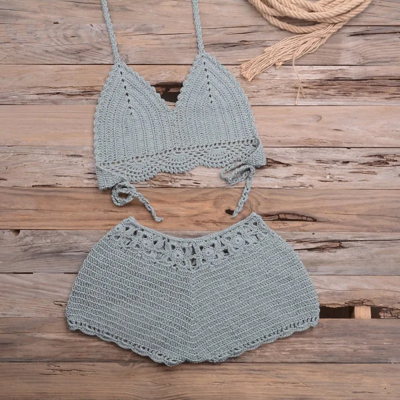 Sports Outdoor Beach Vacation Hand Crocheting Woven Lace Hollow Out Cutout Split Bikini Swimsuit