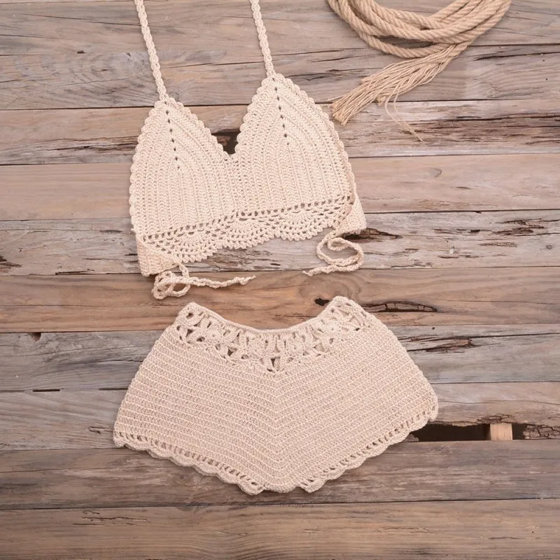 Sports Outdoor Beach Vacation Hand Crocheting Woven Lace Hollow Out Cutout Split Bikini Swimsuit