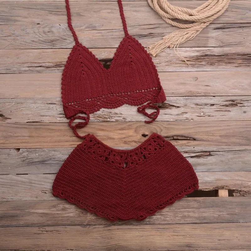 Sports Outdoor Beach Vacation Hand Crocheting Woven Lace Hollow Out Cutout Split Bikini Swimsuit