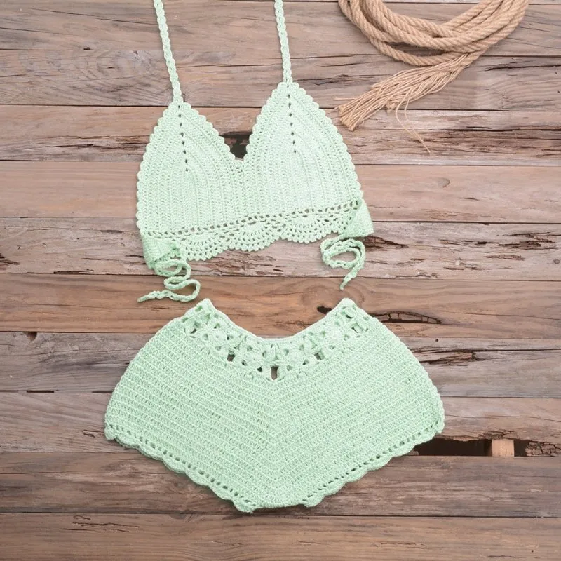 Sports Outdoor Beach Vacation Hand Crocheting Woven Lace Hollow Out Cutout Split Bikini Swimsuit